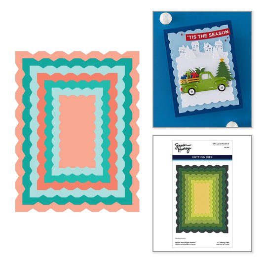 nested scalloped paper cutting dies shown as a flat stack of pastel pink, teal, and light blue layers, alongside a sample layered card reading "TIS THE SEASON" and the product packaging card for the Green Mountain Paper Cutting Dies.