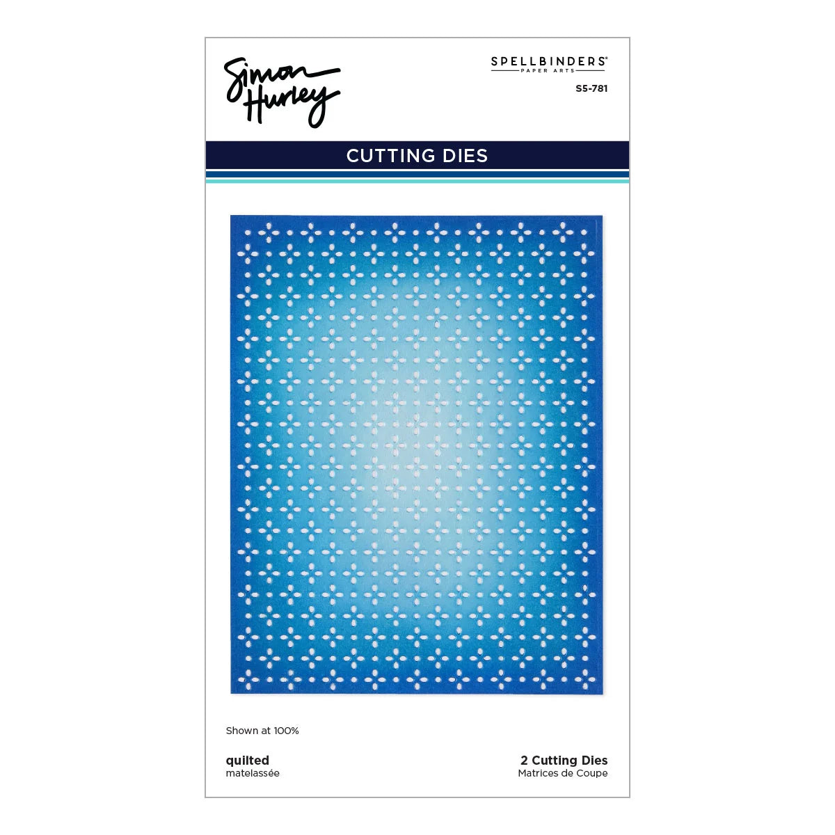 Spellbinders Cutting Dies product packaging featuring a blue gradient quilted pattern with white dotted motifs, shown on a clean white background.