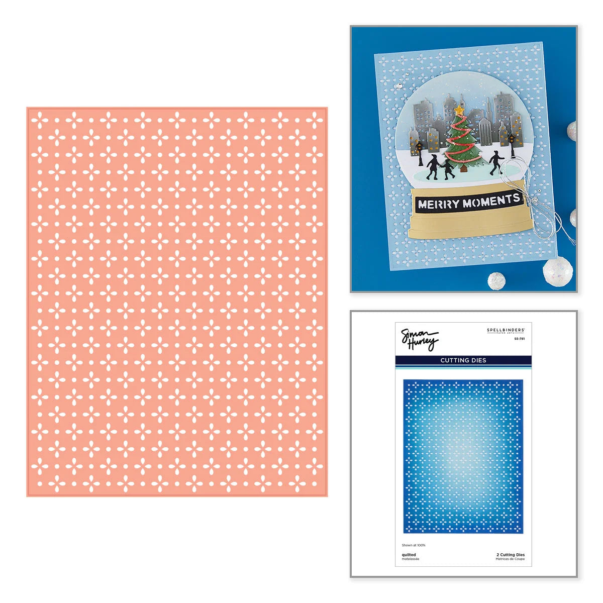 Spellbinders quilted background plate by Simon Hurley template in peach with a card sample and the product packaging on a white background