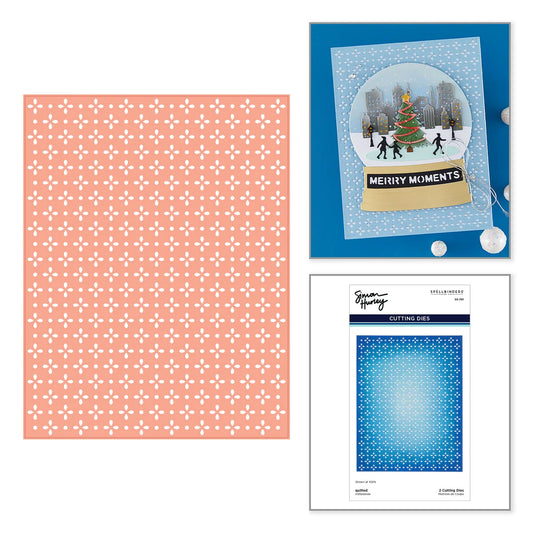 Spellbinders quilted background plate by Simon Hurley template in peach with a card sample and the product packaging on a white background
