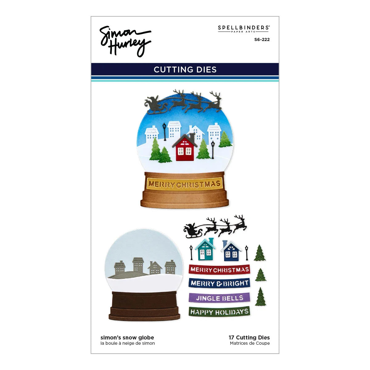 Simon Hurley Spellbinders 'Snow Globe' cutting dies sheet number S6-223, featuring two snow globes with winter scenes and a set of holiday message stickers on a white background.