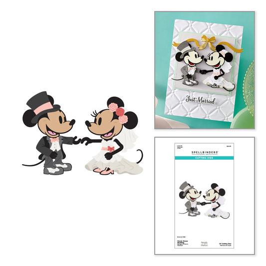 Classic Mouse couple in wedding attire with a 'Just Married' card and Spellbinders cutting die set on a white background.