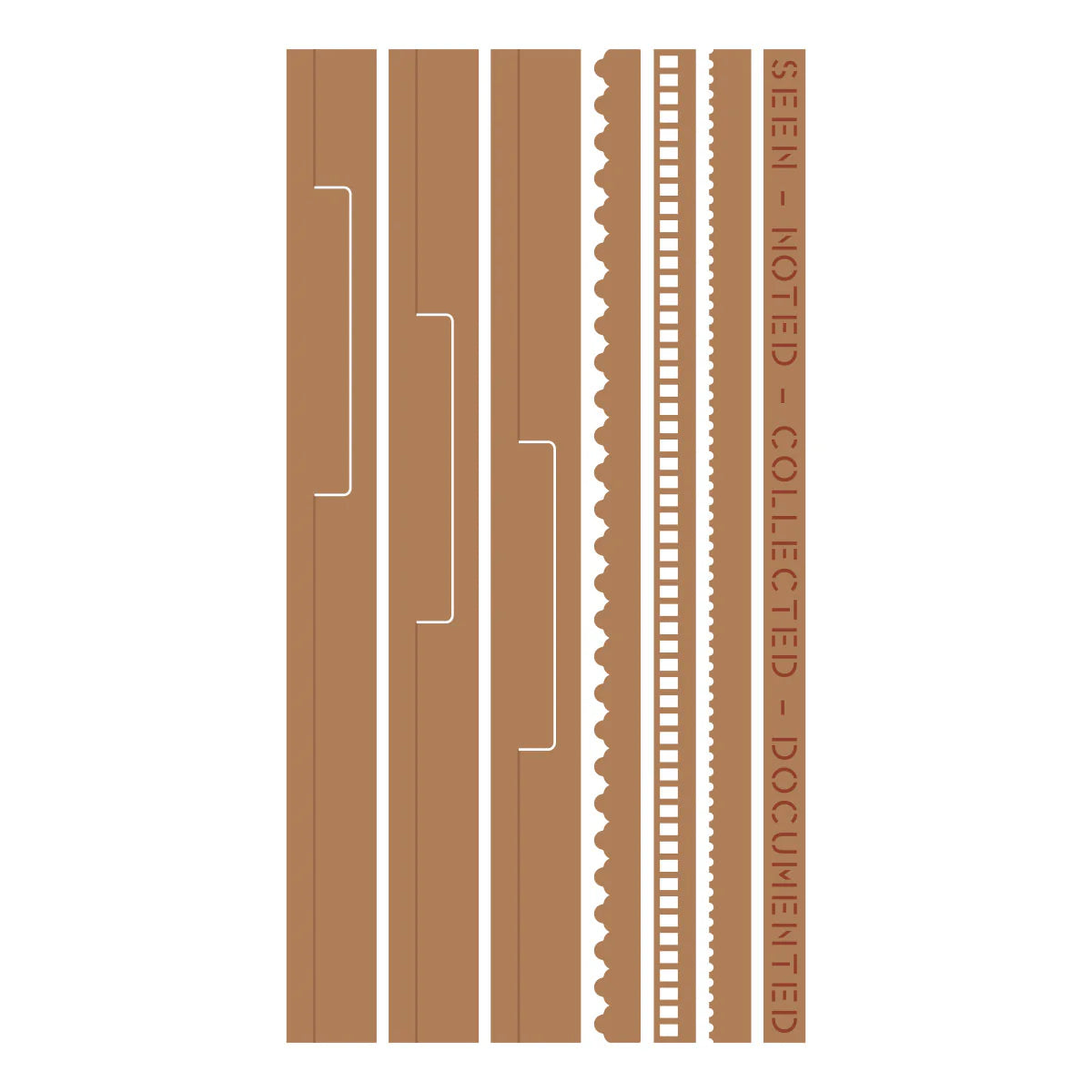 A set of brown archival document clips or tabs with white printed markings, including bracket guides, a serrated edge, and a vertical tab reading 'SIEBIN - NOTED - COLLECTED - DOCUMENTED'.