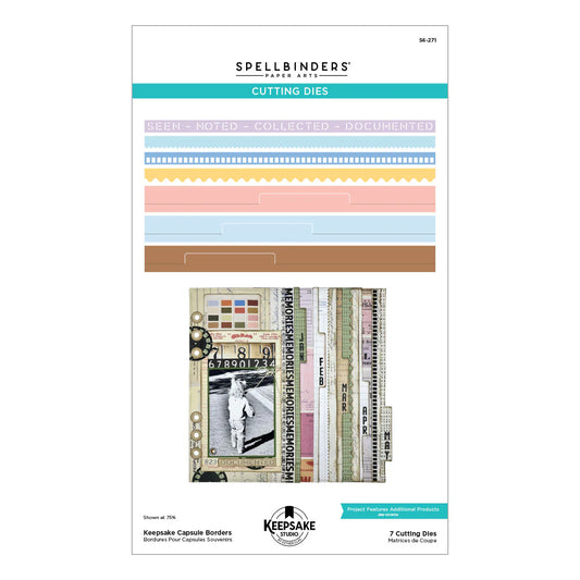 Spellbinders Paper Arts Cutting Dies product packaging, featuring a preview of pastel decorative border strips and a collage sample made with seven cutting dies.