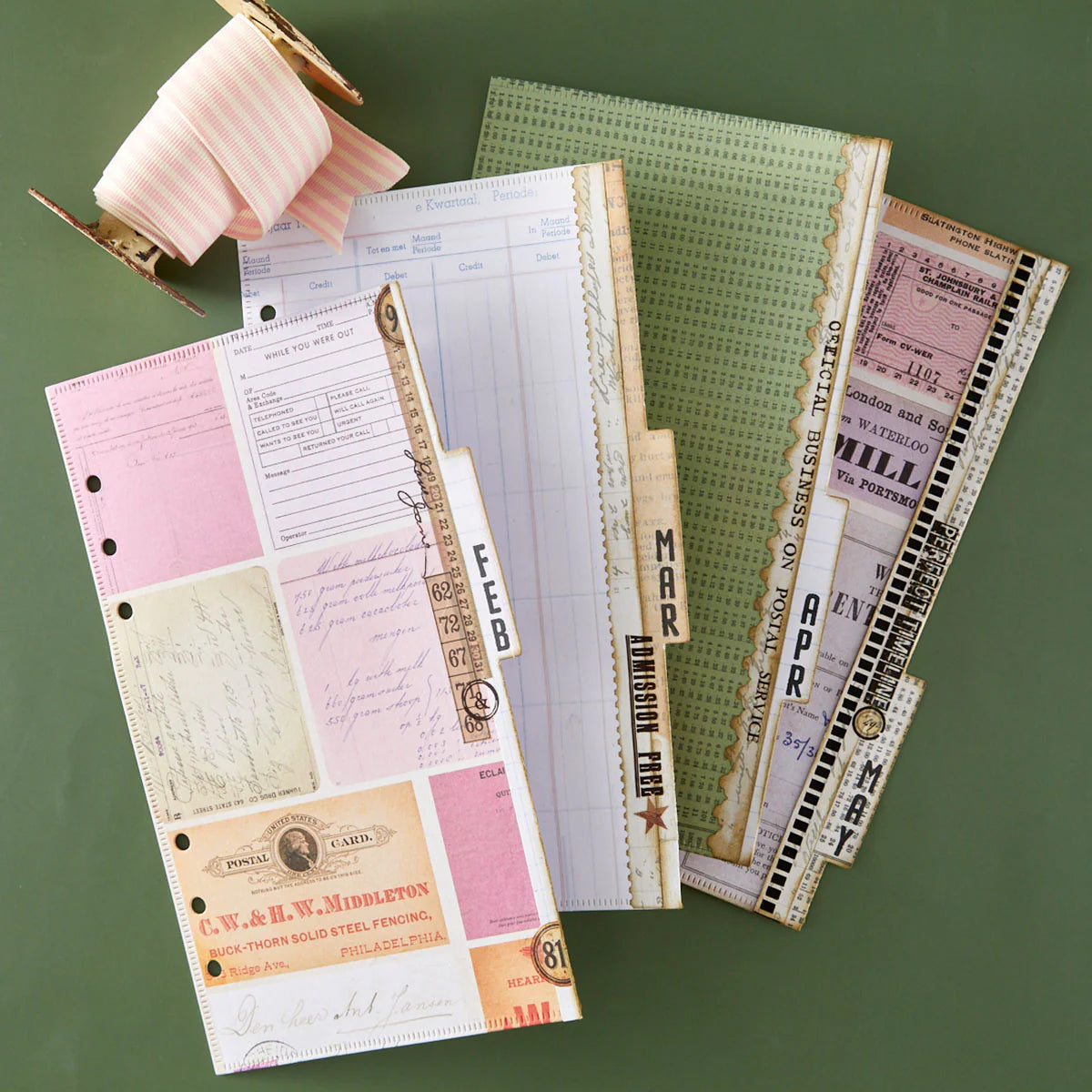 Collection of vintage-style planner stickers on a green background