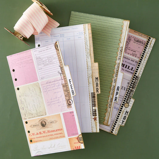 Collection of vintage-style planner stickers on a green background