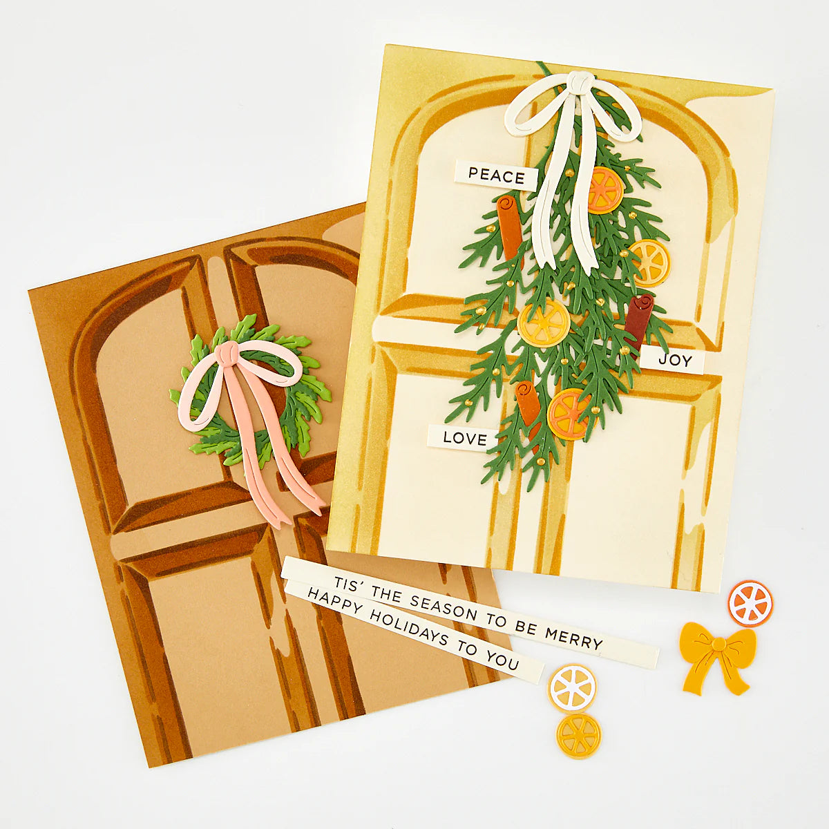 Front Door stenciled cards with wreath and holiday citrus swag decorations"