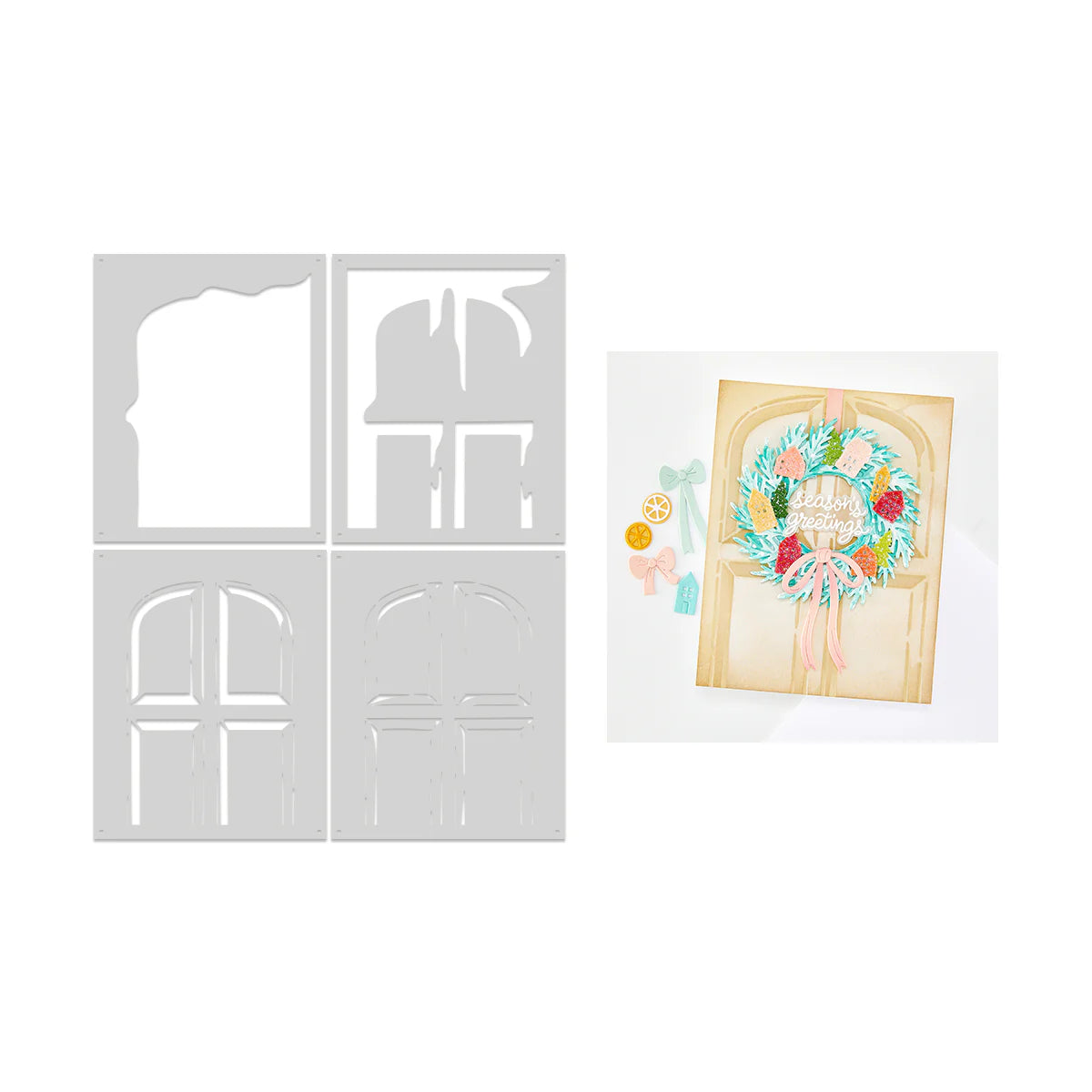 Front Door stencil set with Season's Greetings wreath card on aged door background