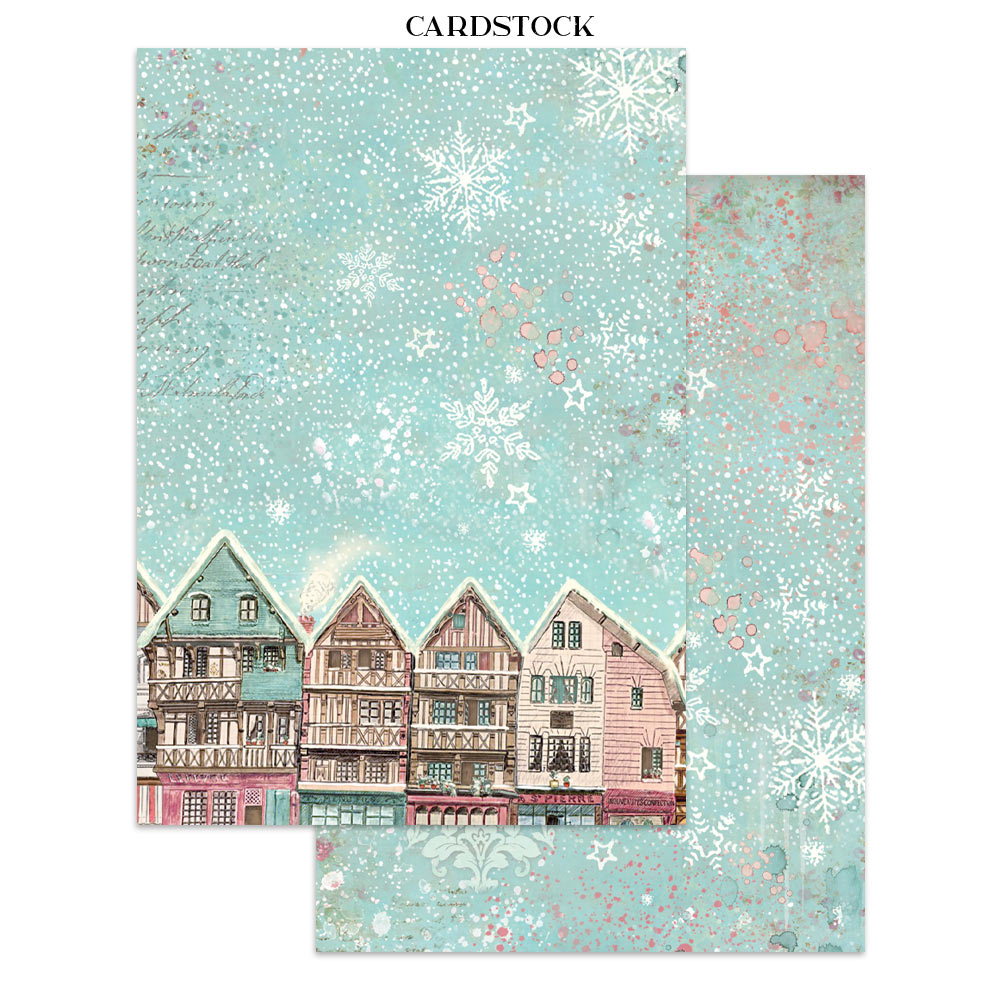 Cardstock with winter scene featuring houses and snowflakes on a light blue background