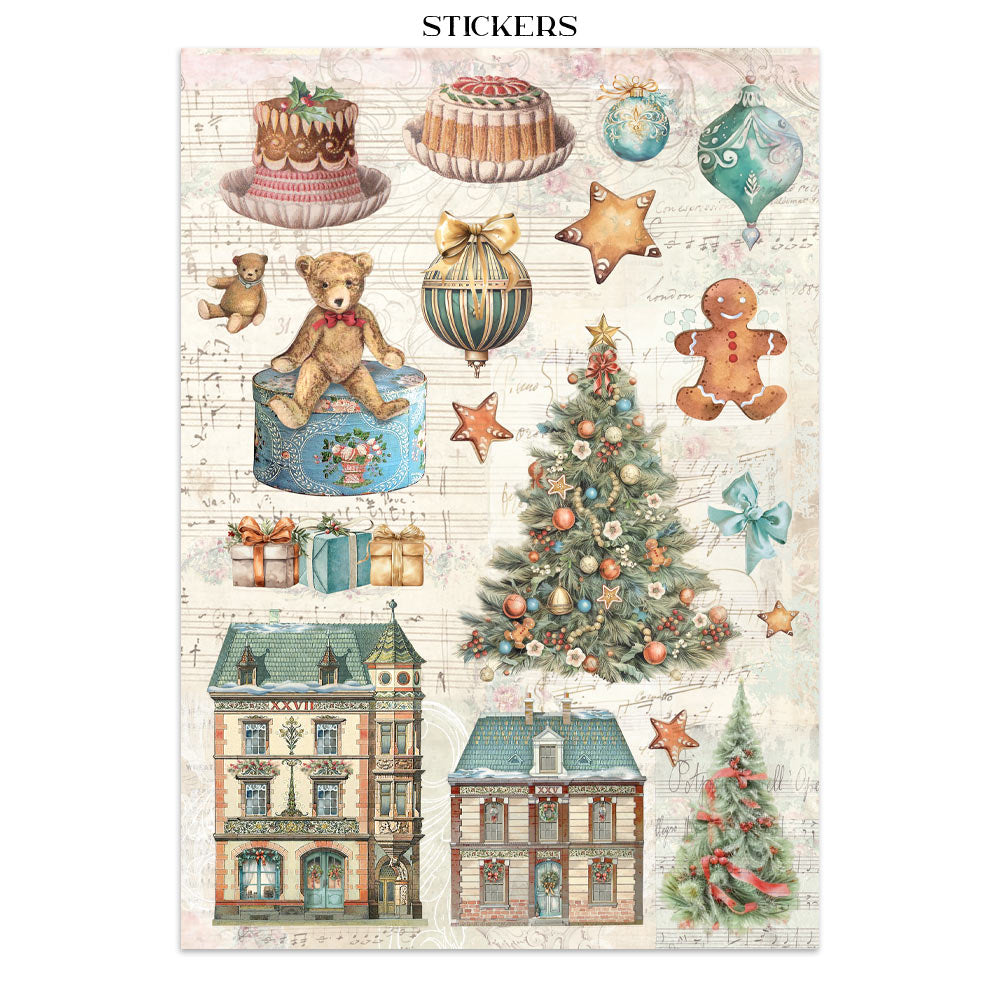 Collection of Christmas-themed stickers featuring a tree, houses, teddy bear, and other festive items on a white background.