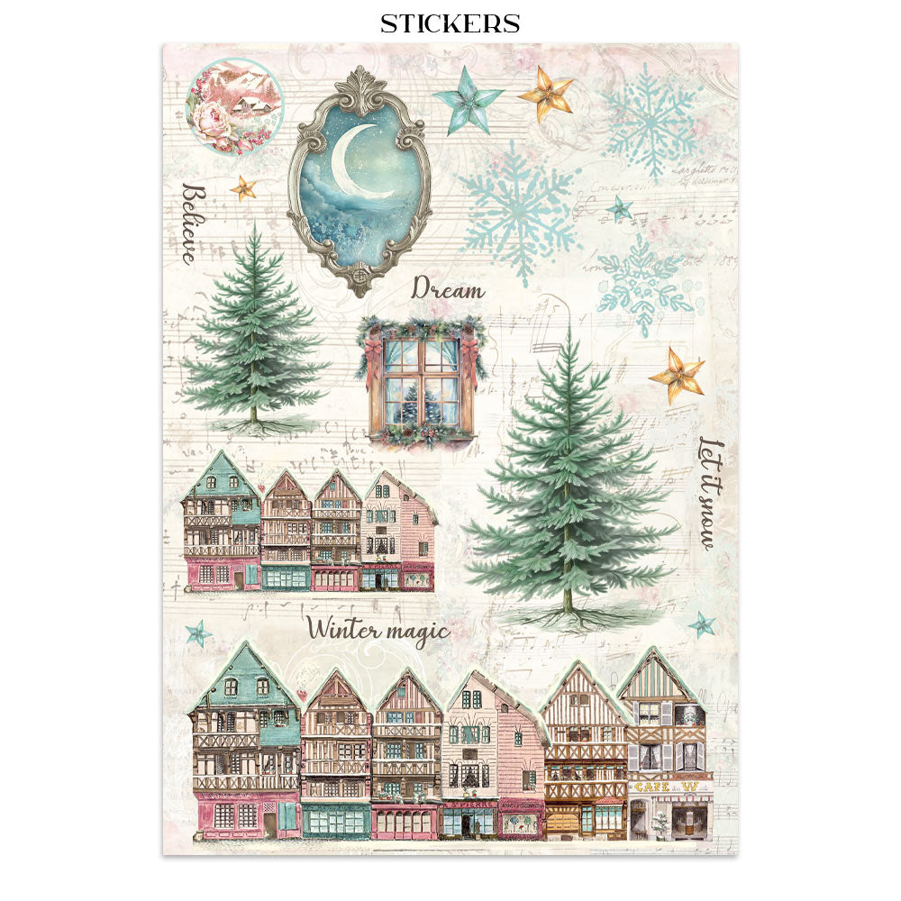 Sheet of stickers with winter-themed designs including houses, trees, and decorative elements on a white background.
