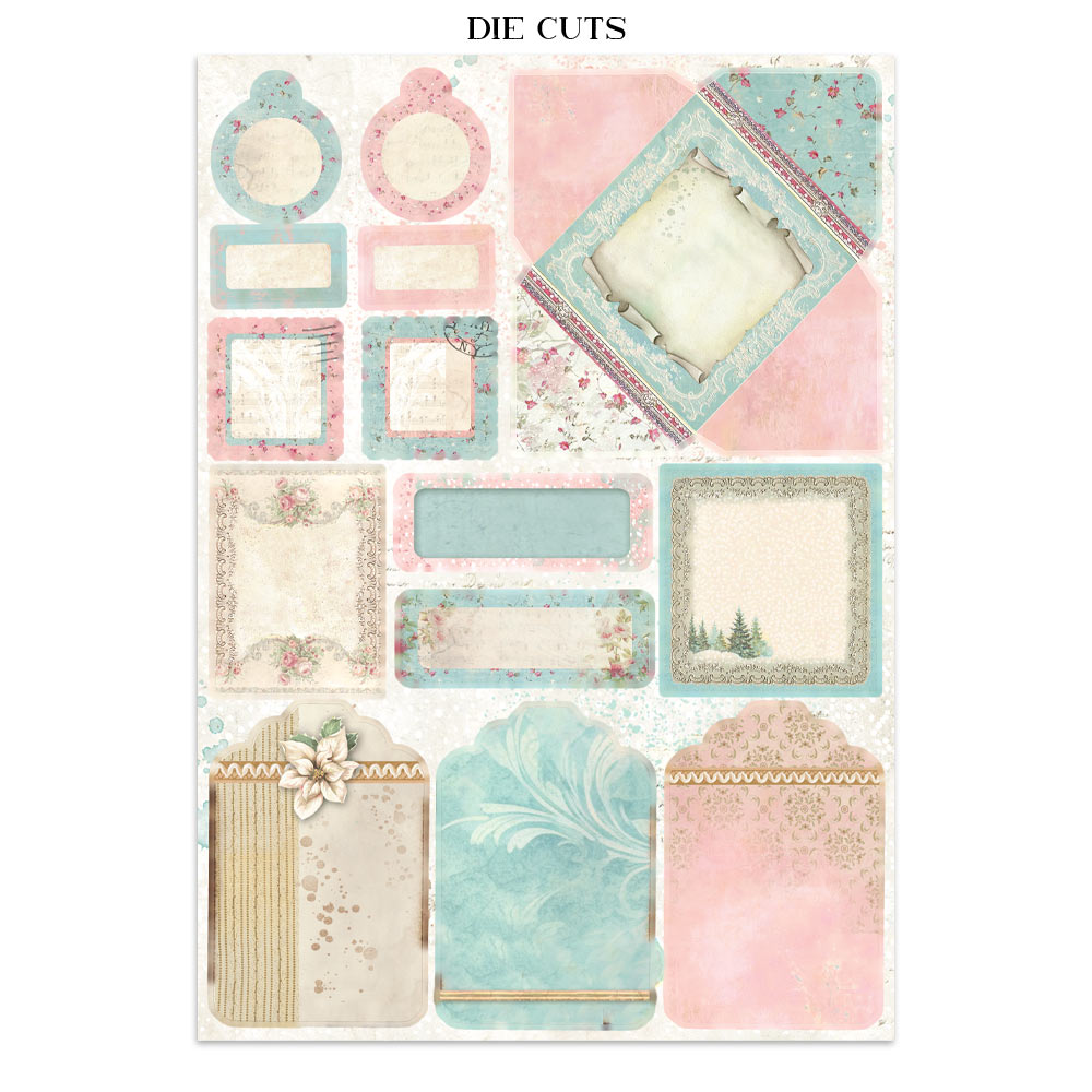 Collection of decorative die cuts with frames and labels on a white background
