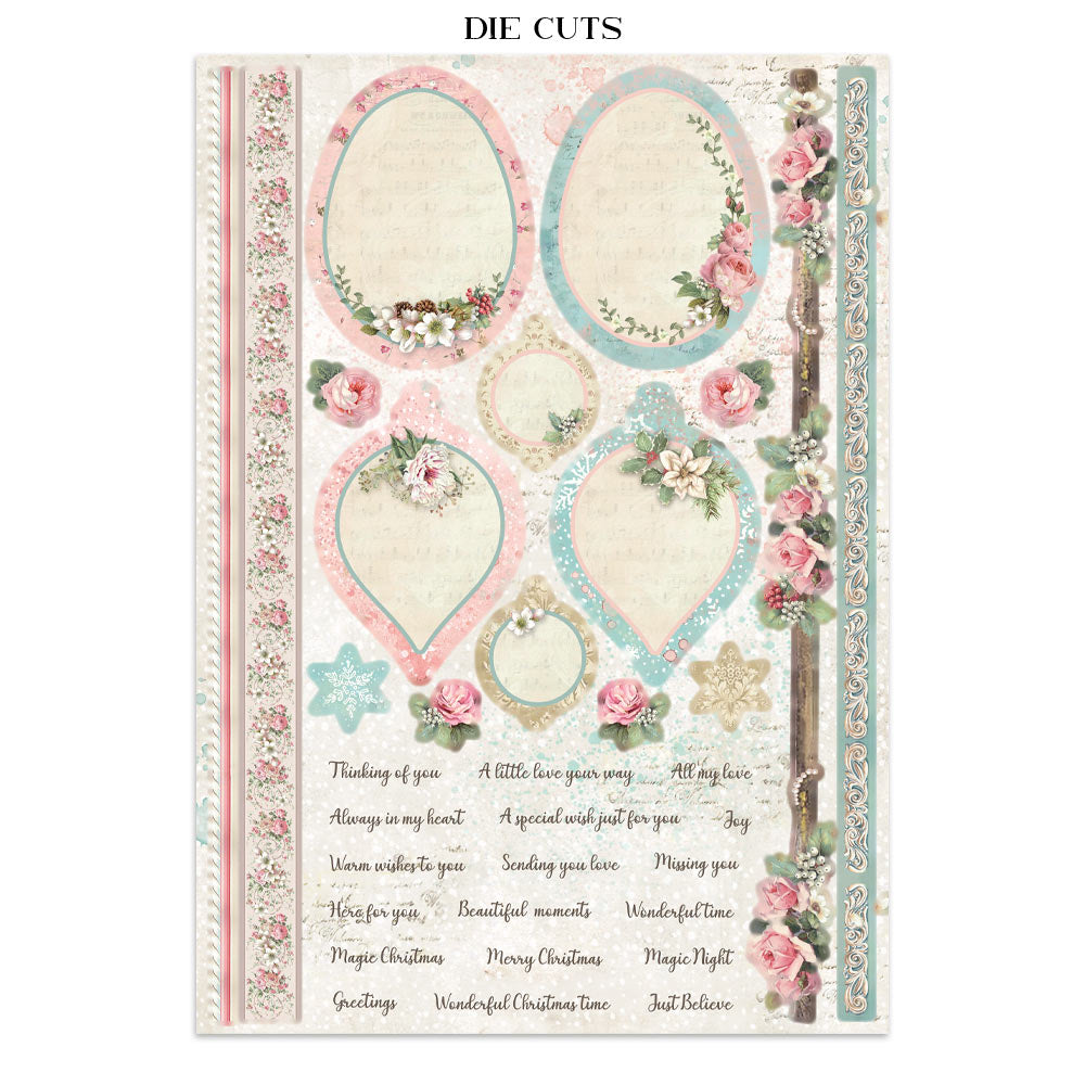 Decorative die cuts with floral designs and text on a white background