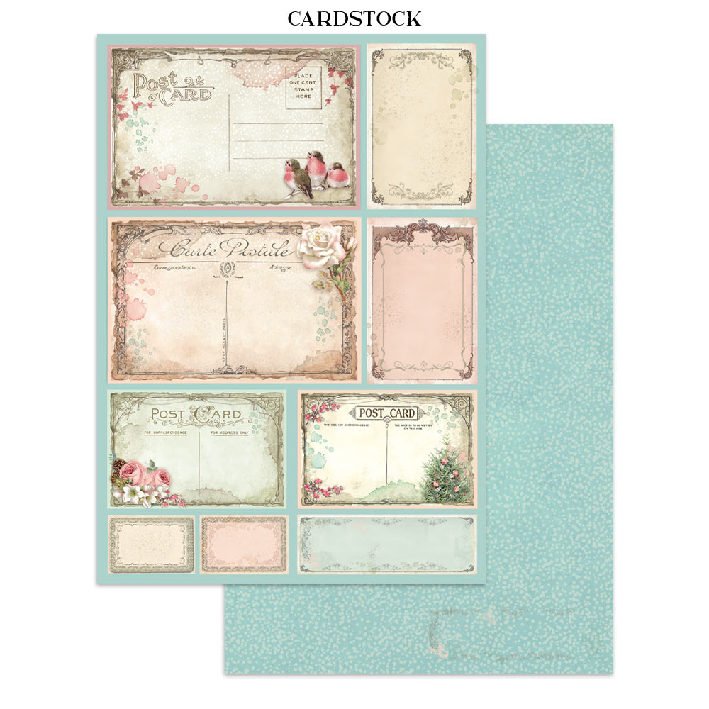 Cardstock with vintage-style postcard designs on a light blue background