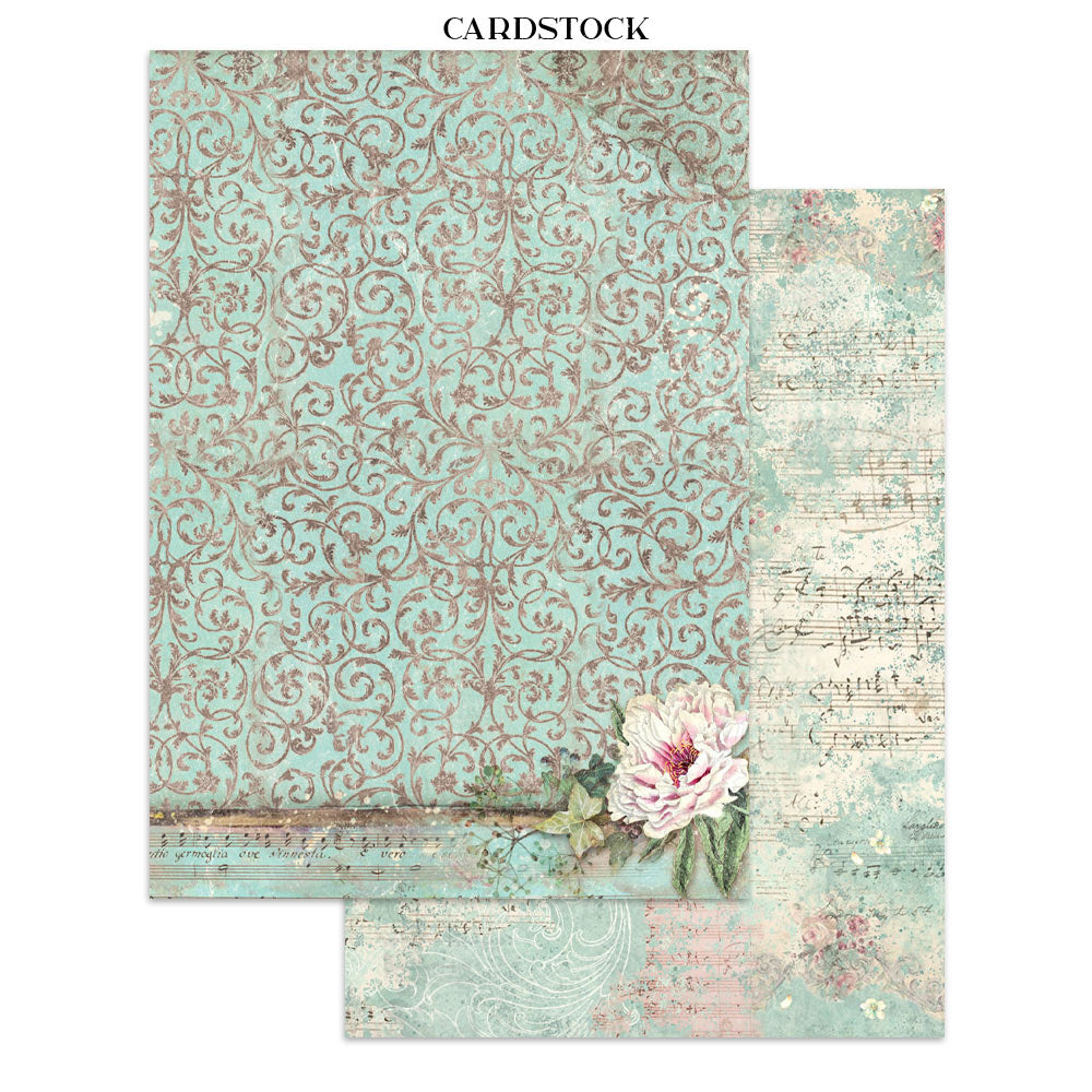 Two pieces of cardstock with vintage patterns and a flower design on a white background.