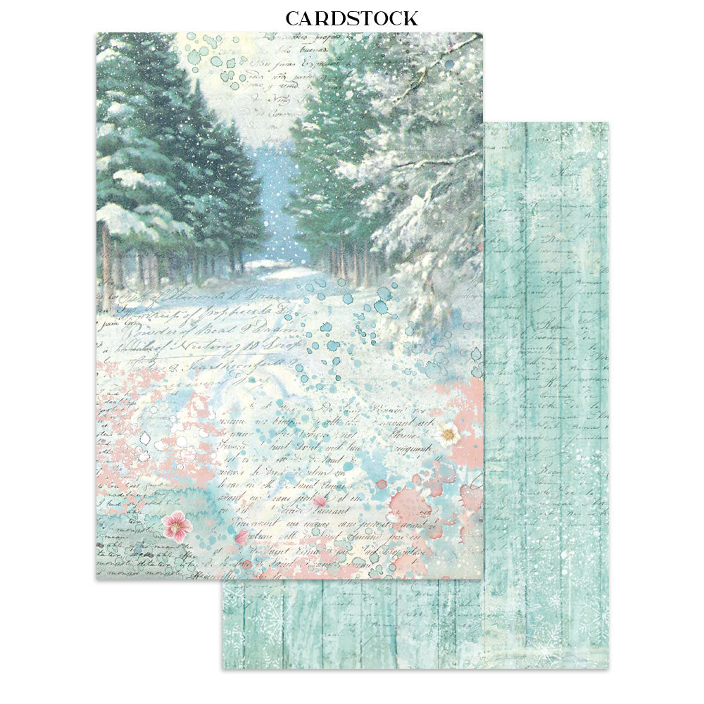 Cardstock with a winter landscape design featuring trees and a path.