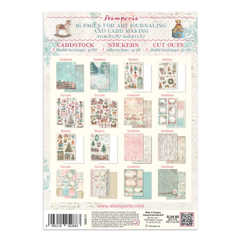 Packaging of Stamperia paper pack with various craft items on a white background