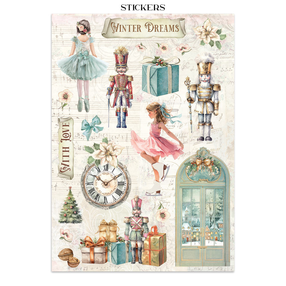 Sticker sheet titled 'Winter Dreams' with decorative elements like nutcrackers, girls, and gift boxes.