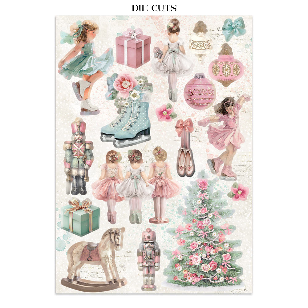 Collection of die-cut decorative elements featuring children, toys, and festive items on a white background.