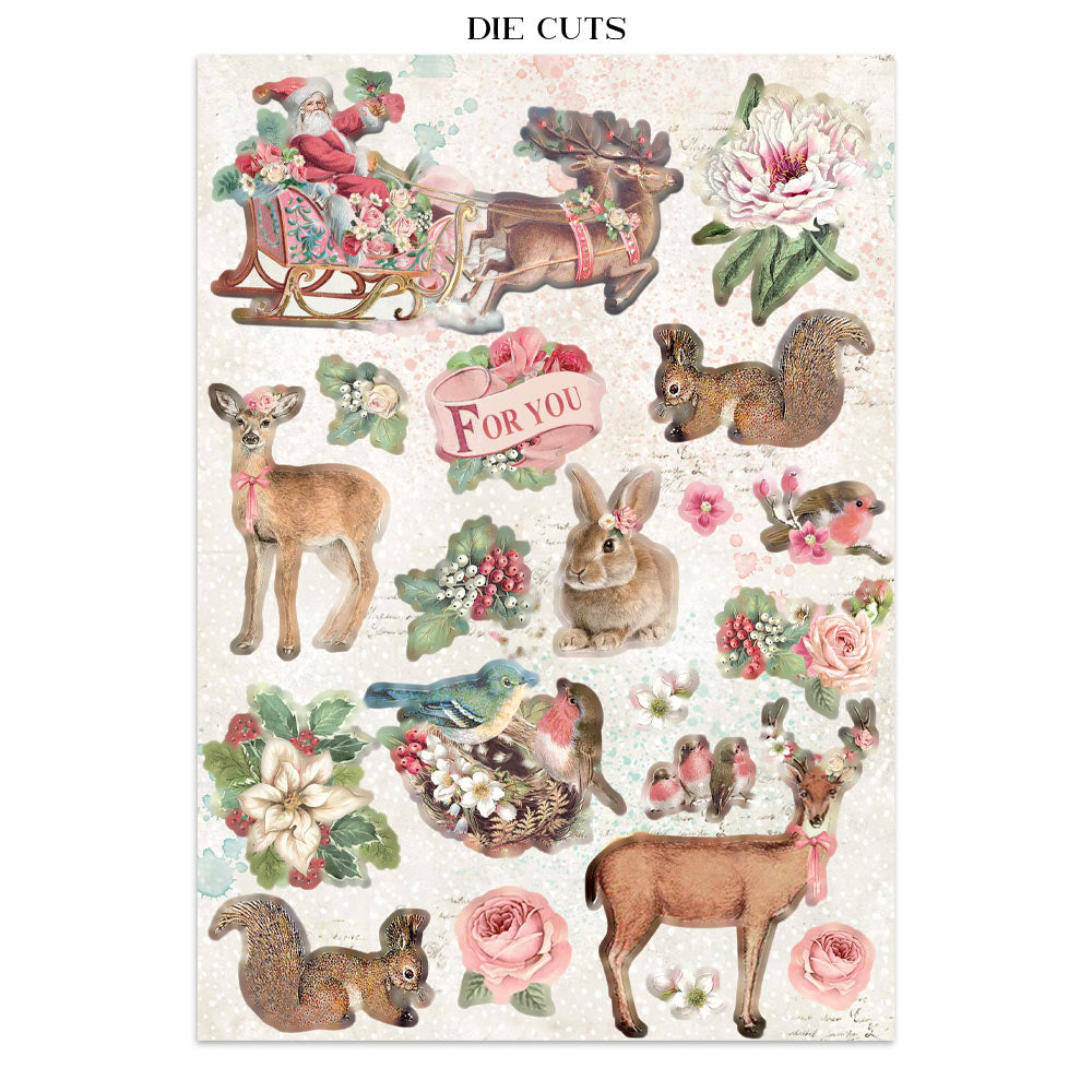 Sheet of die-cut stickers featuring animals, flowers, and text on a white background.