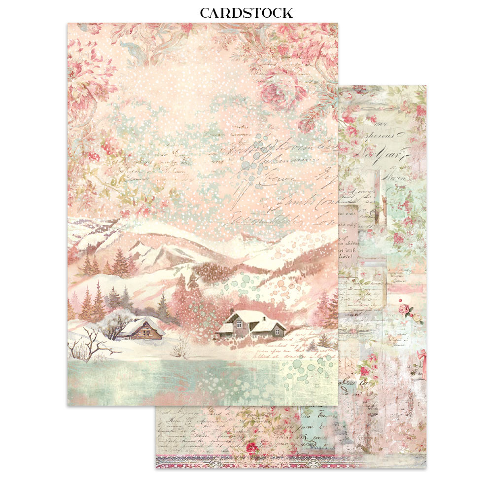 Two sheets of cardstock with vintage-style designs, one with a mountain landscape and the other with floral patterns.