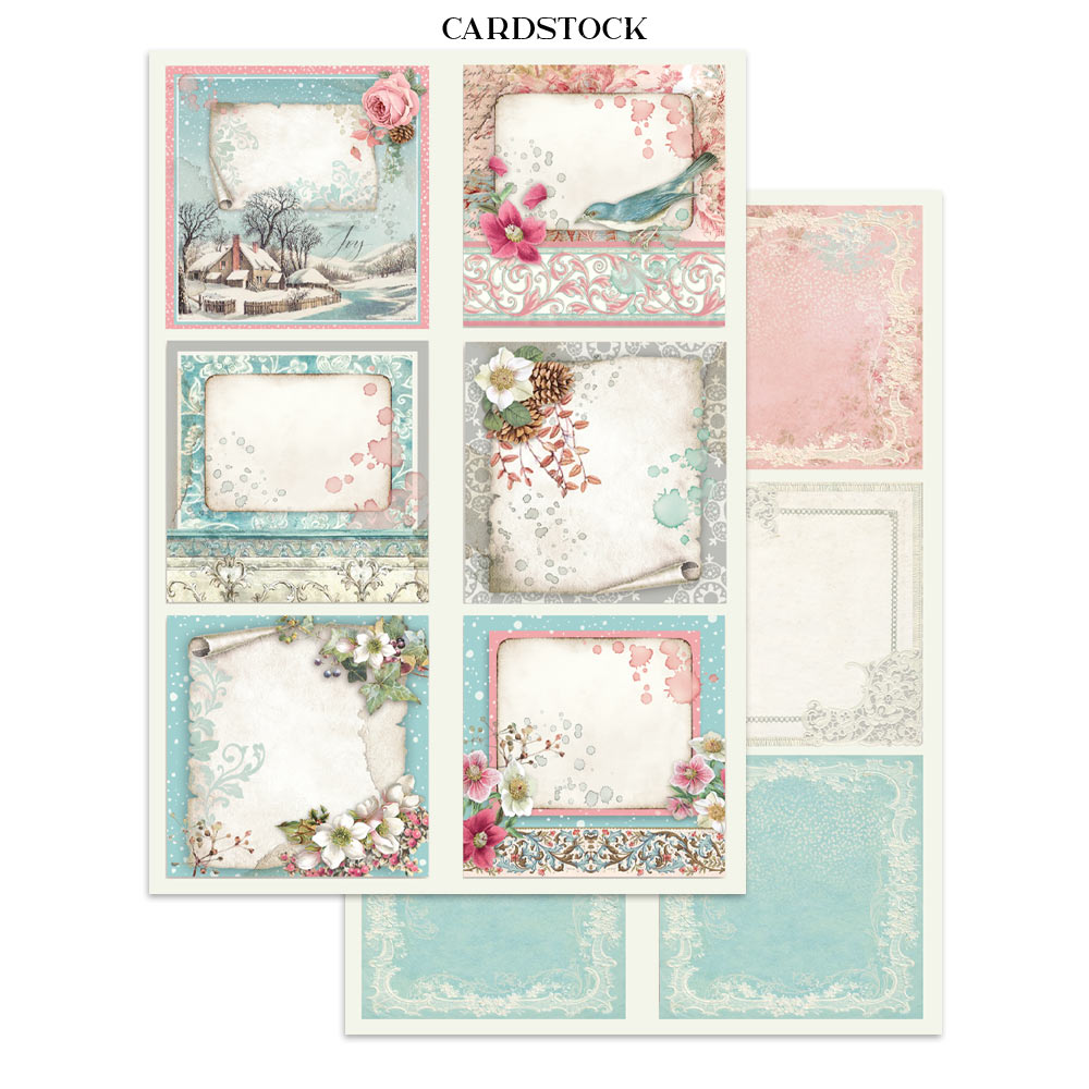 Collection of cardstock sheets with decorative designs on a white background