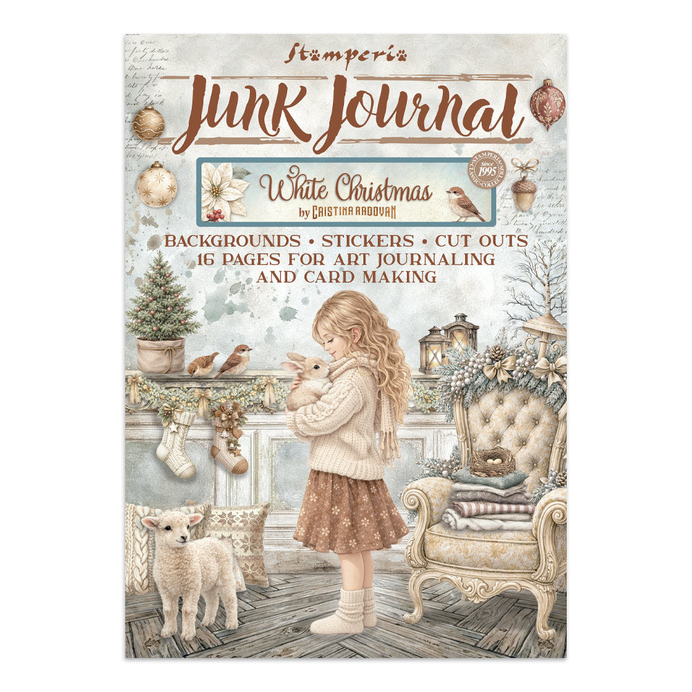 Stamperia Junk Journal White Christmas book cover with a girl and lamb in a festive setting