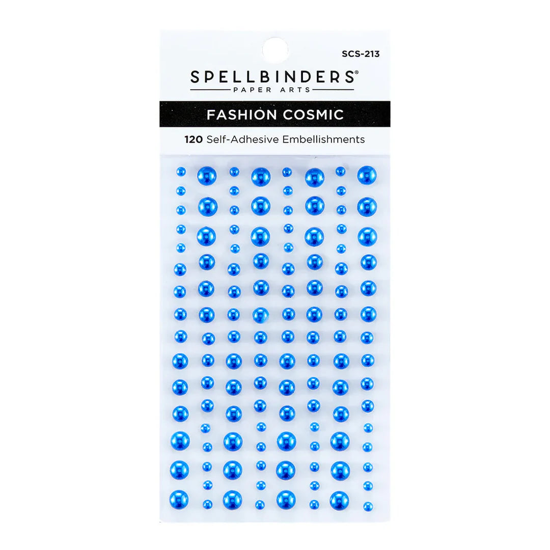 Spellbinders Paper Arts Fashion Cosmic 120 self-adhesive embellishments in a sheet of blue round pearls on a white backing card.