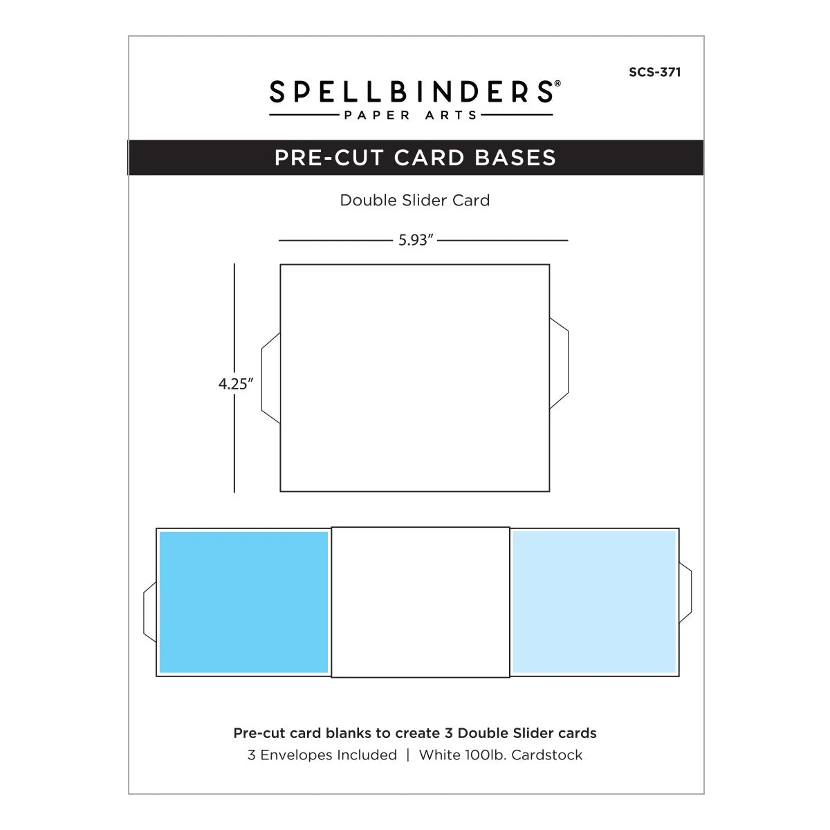 Spellbinders Paper Arts Pre-Cut Card Bases package for a Double Slider Card, showing a 5.93 by 4.