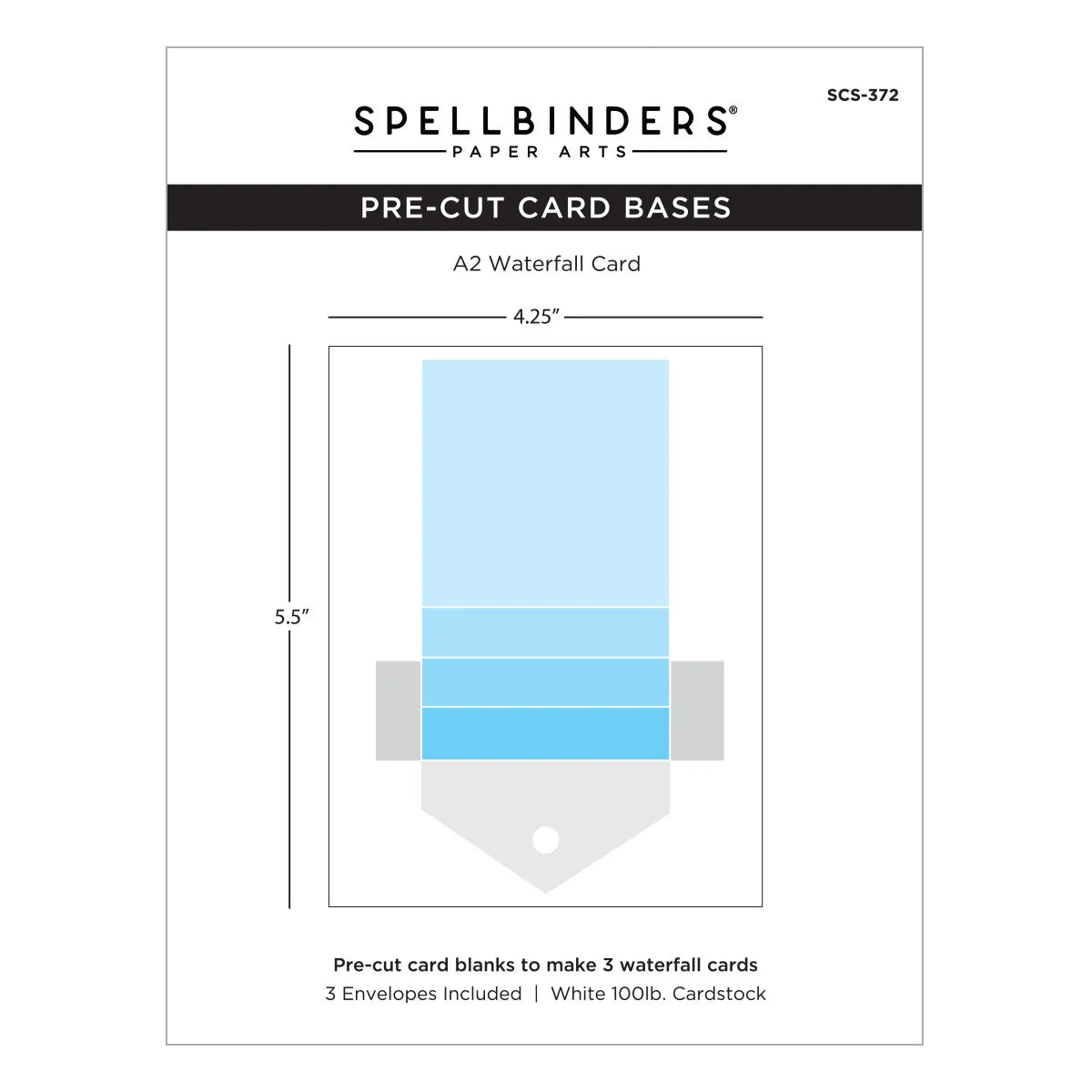 Spellbinders Paper Arts Pre-Cut Card Bases A2 Waterfall Card package, showing a diagram of the card base with dimensions 4.25 inches by 5.