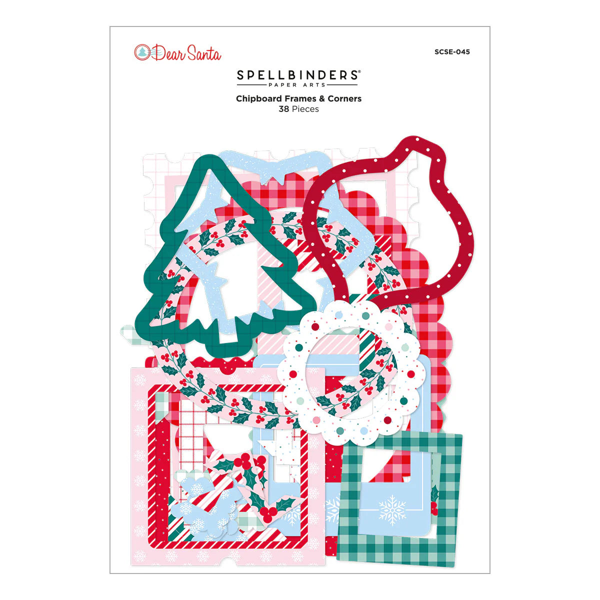 red ornament frame, green christmas gree frame and other christmas chipboard frames in spellbinders dear santa packaging