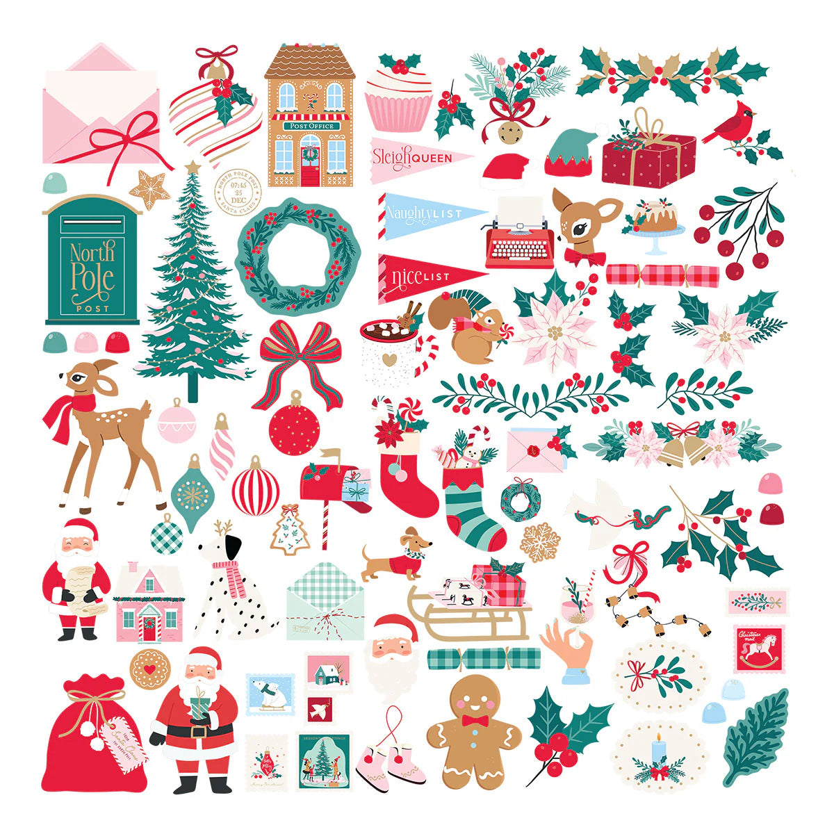 assorted christmas and holiday colored die cut images with deer head gingerbread greenery santa on a white background
