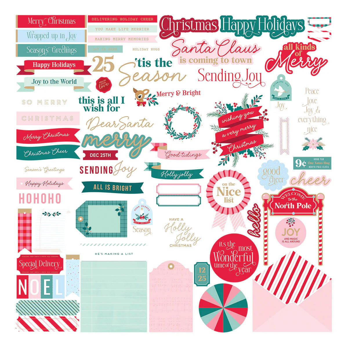 assorted red, green, white, and pink christmas and holiday sentiment stickers