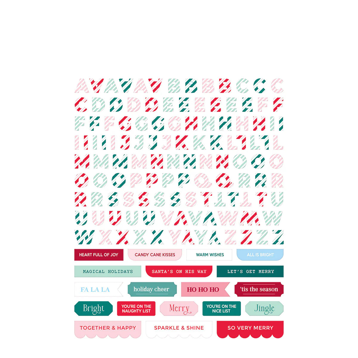 green and red white striped alphabet sticker sheet with sentiment strips on a white background