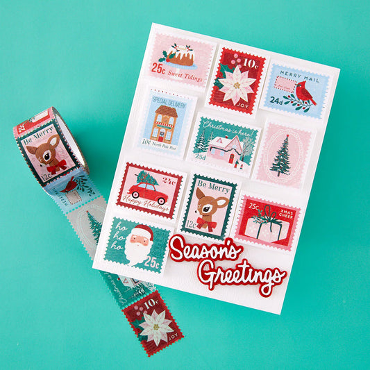 washi stamp christmas card with ten stamped images and season's greetings sentiment