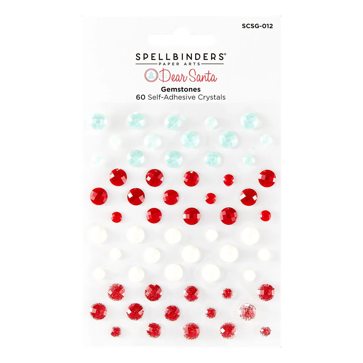 red, green, and clear adhesive gem crystals in spellbinders packaging