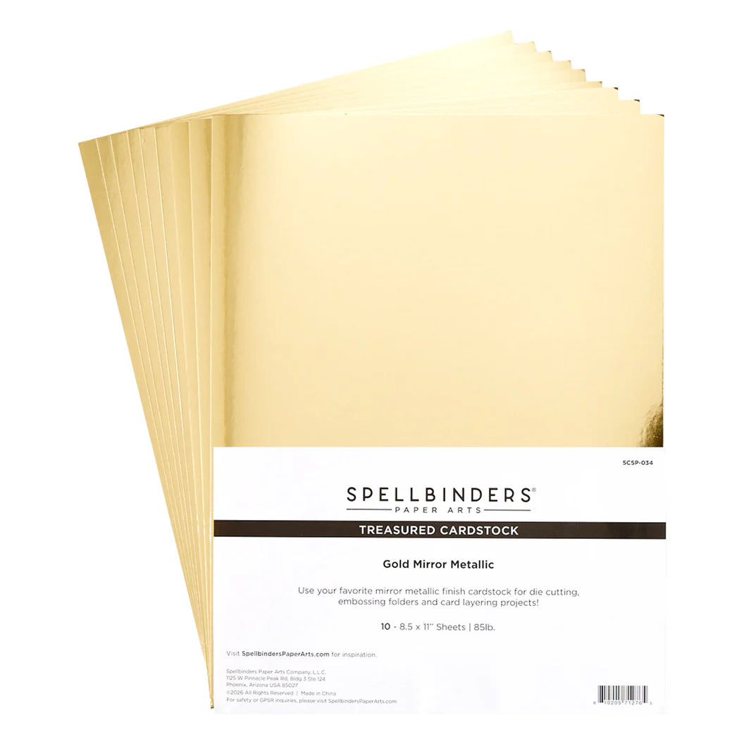 Gold mirror metallic cardstock sheets with Spellbinders branding on a white background