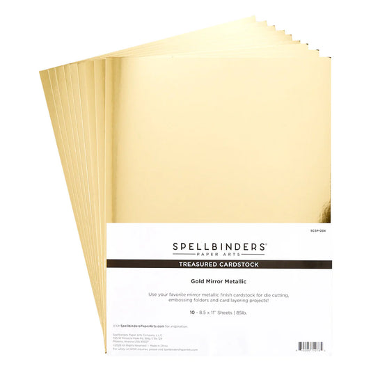 Gold mirror metallic cardstock sheets with Spellbinders branding on a white background