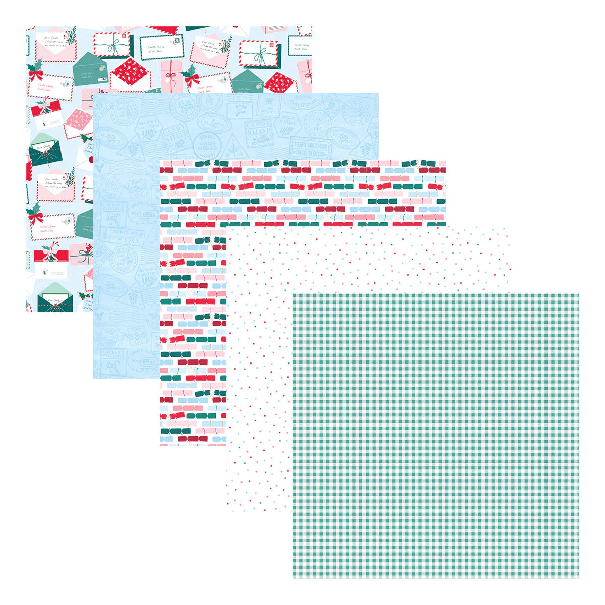 four sheets of blue, red, green, pink, and white christmas patterned paper