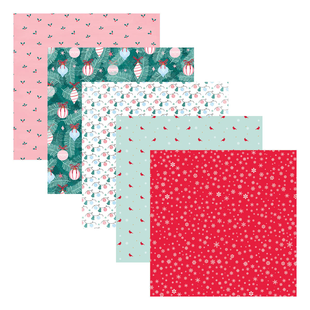 assorted christmas themed paper squares with ornaments, snowflakes, santa hats, and holly