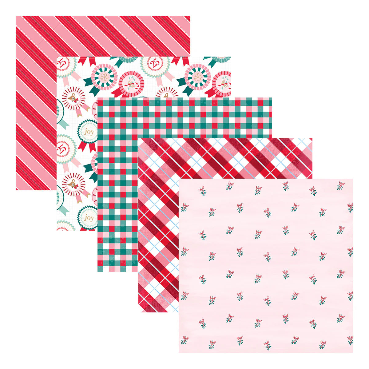four sheets of red, green, white, and pink christmas patterned paper with plaids ribbons, and mistletoe on a white background