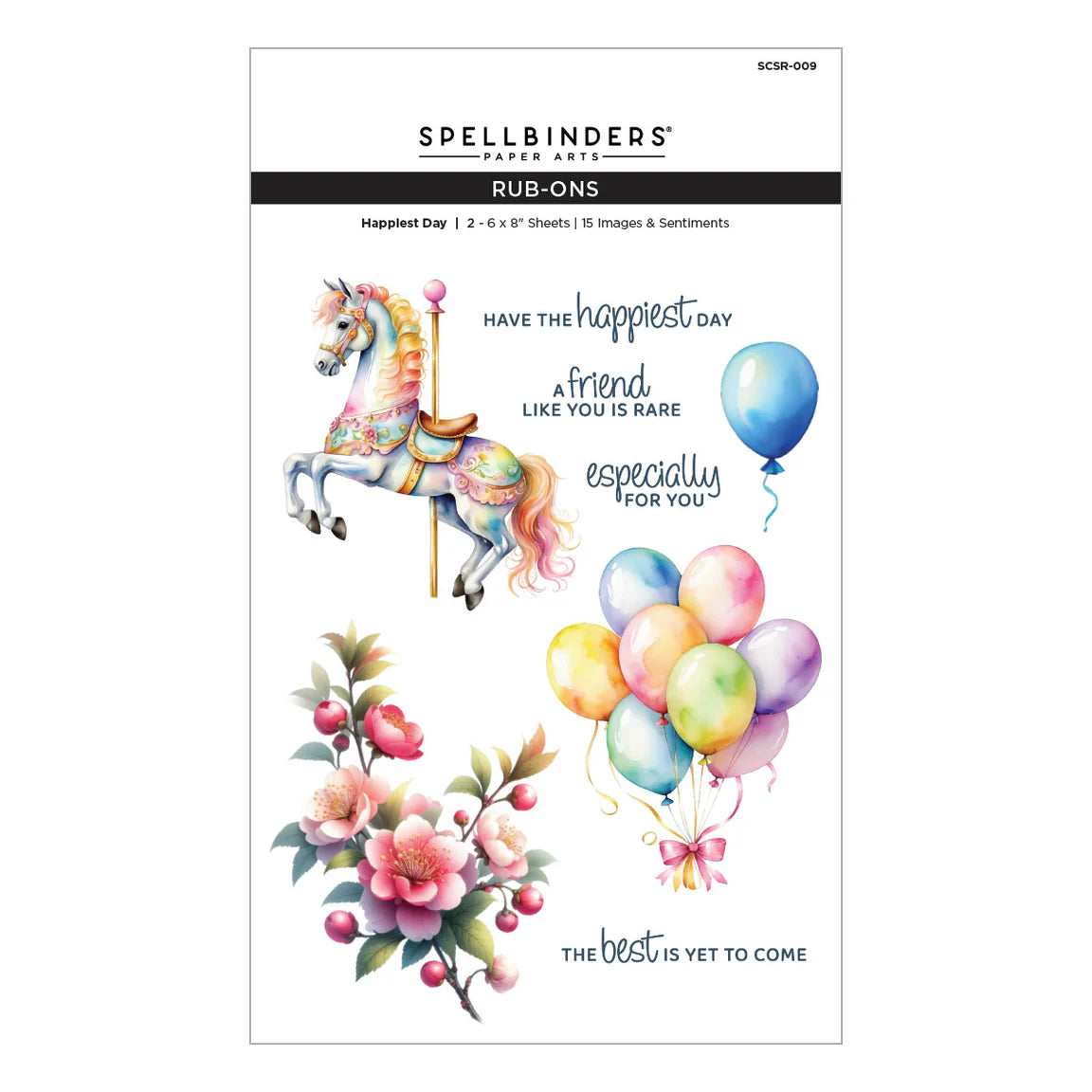 Spellbinders paper art rub-on set with carousel horse, balloons, and flowers on a white background