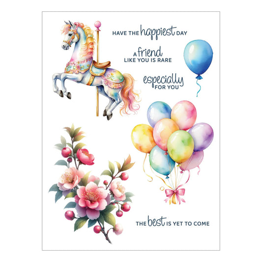 Spellbinders rub on images with carousel horse, balloons, and flowers on a white background