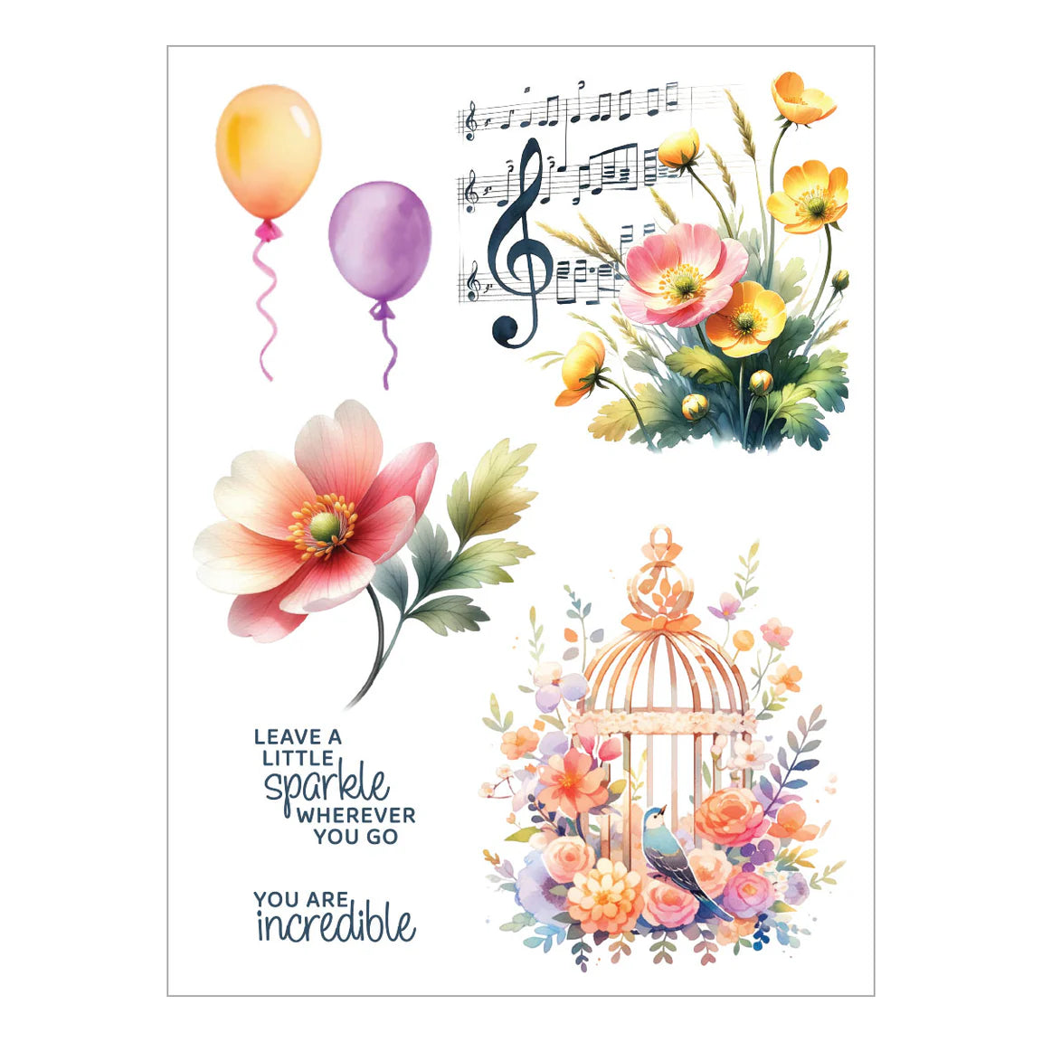 Decorative design rub ons with flowers, balloons, and motivational text on a white background