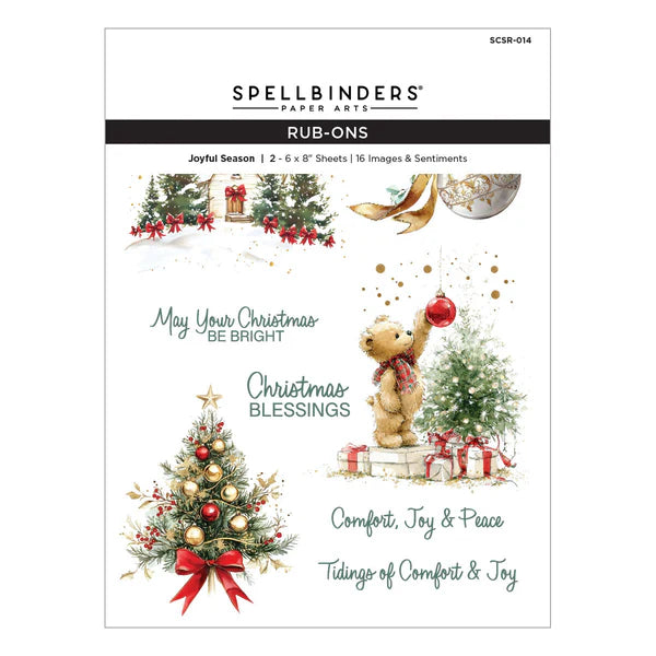 spellbinders christmas rub-ons in package with teddy bear and decorated christmas tree and sentiments