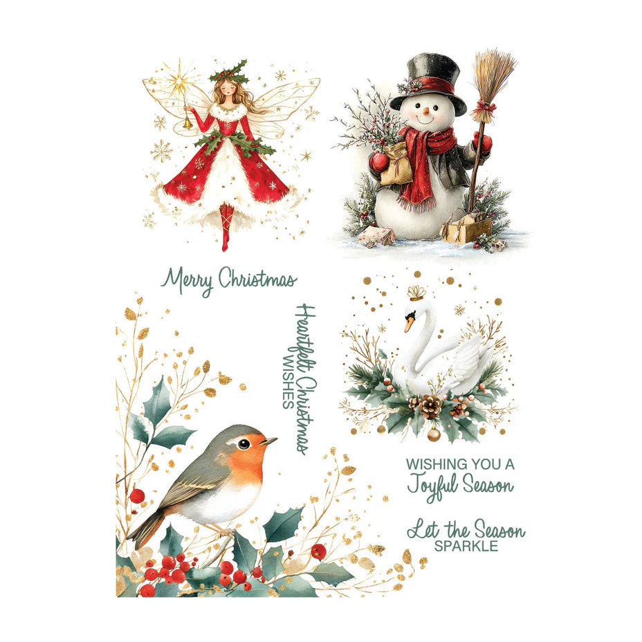 winter season snowman bird and angel christmas rub-ons on white background