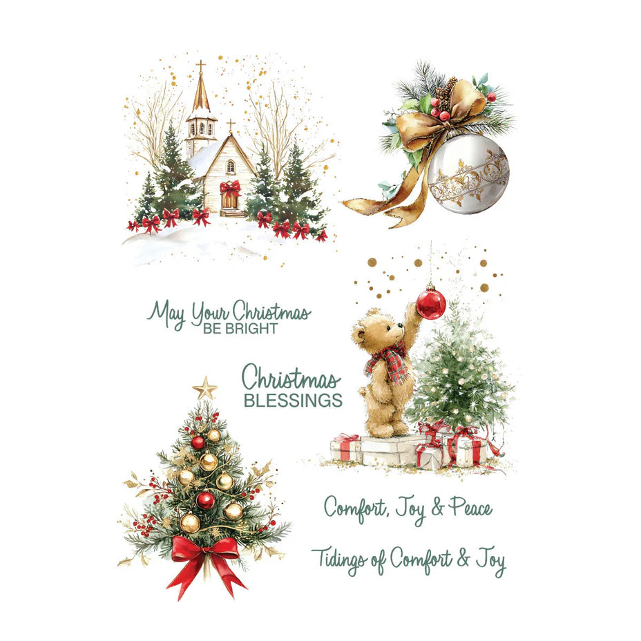 Christmas scenes ornament with greenery teddy bear decorating a tree, church with ribbons and scattered sentiments
