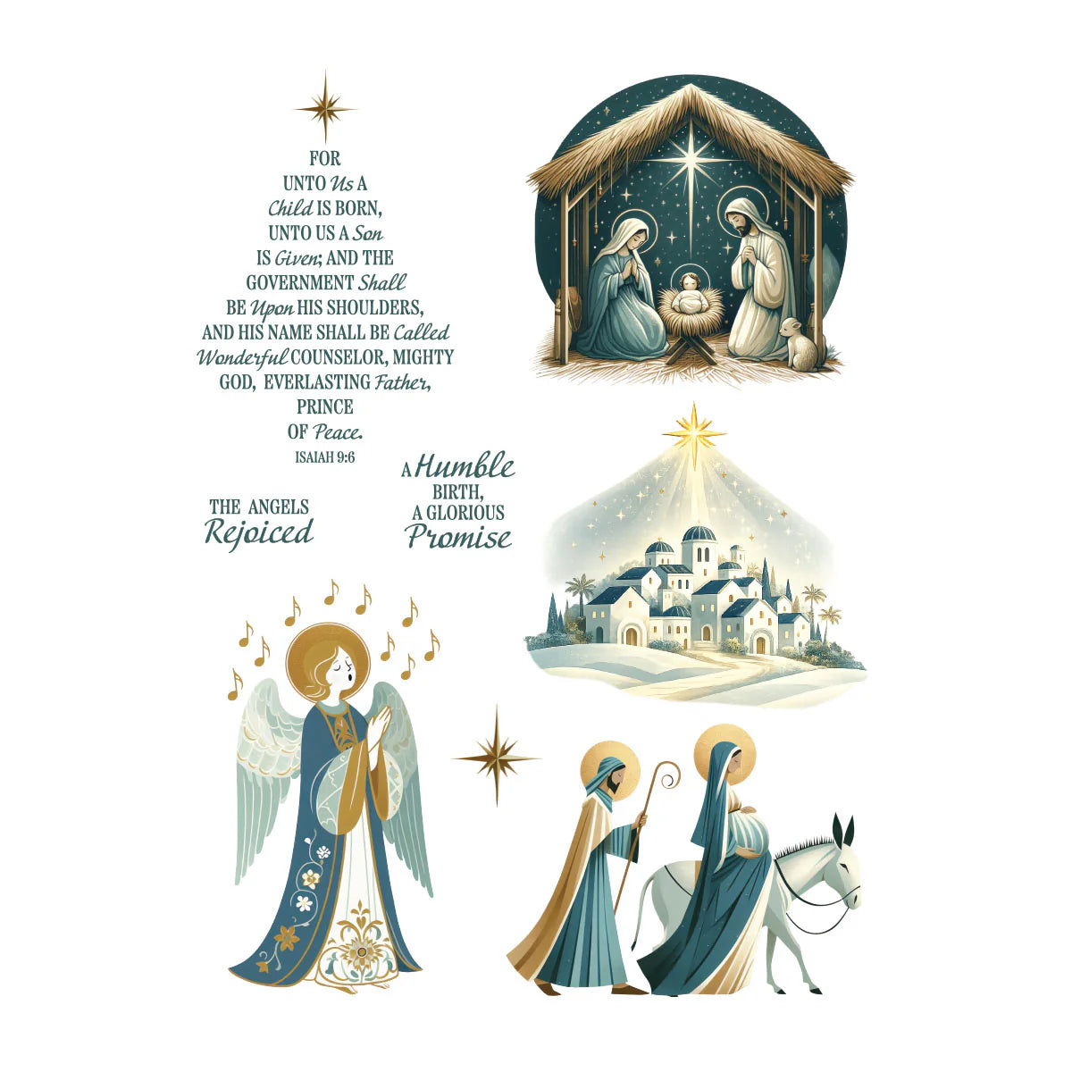 nativity scene rub-ons in blues, creams, and golds