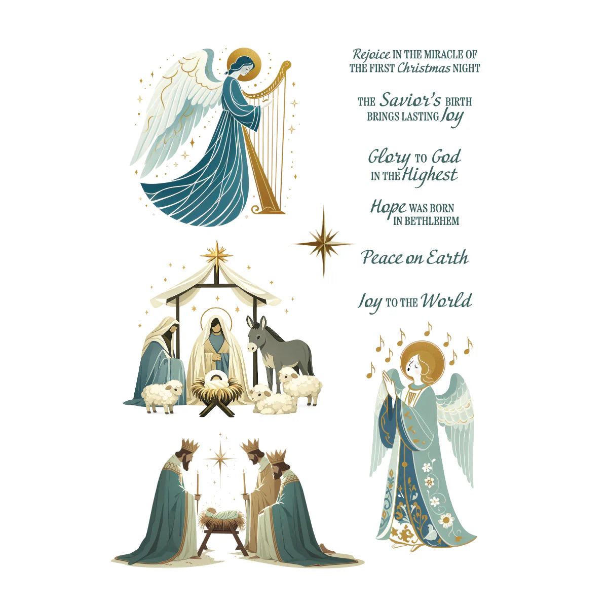 three kings, angel and harp nativity scene and sentiments in blues and golds on white background