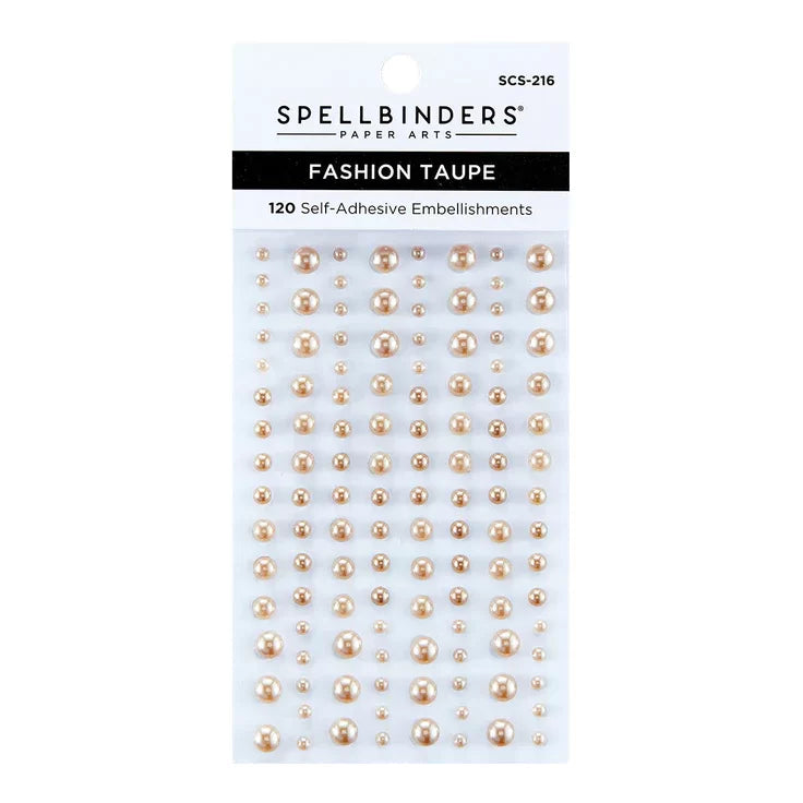 Spellbinders Paper Arts Fashion Taupe 120 self-adhesive embellishments in a clear plastic package with a white header card.